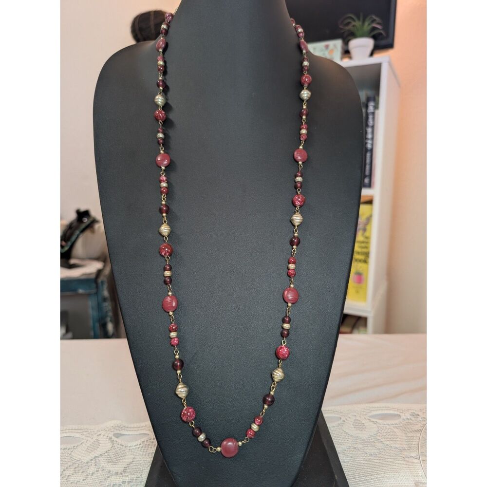 Vintage Burgundy Red Mixed Bead Long Strand Station Necklace, Gold Tone, 35"